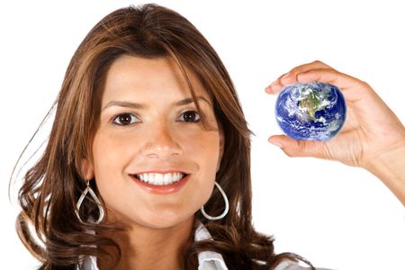 Worldwide business woman holding a globe - isolated over a white background