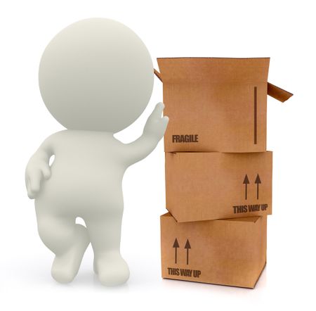 3D man with cardboard boxes in high detail isolated over a white background