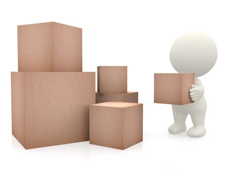 3D man carrying boxes to a pile isolated over white