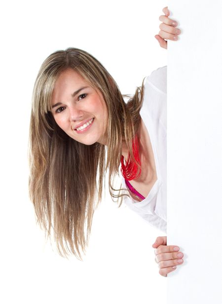 casual woman displaying a banner ad isolated over a white background