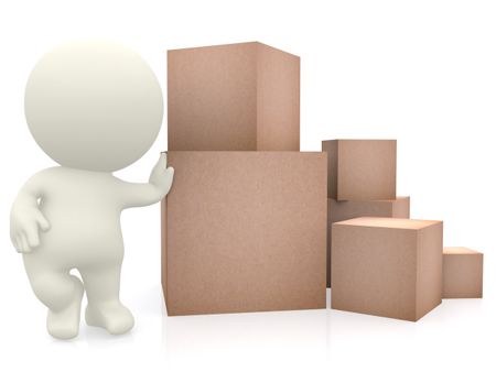 3D man with hand on top of cardboard boxes isolated over a white background