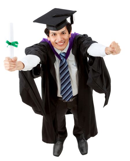 male graduation portrait smiling and showing his diploma