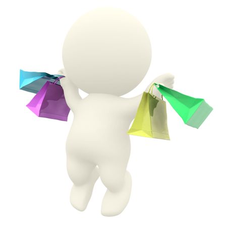 3D man jumping with shopping bags isolated over a white background