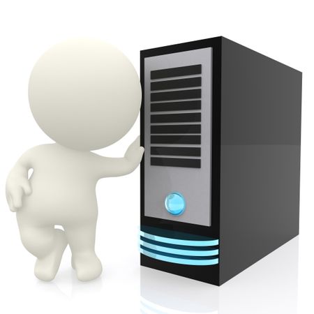 3D man leaning on a computer server isolated over a white background