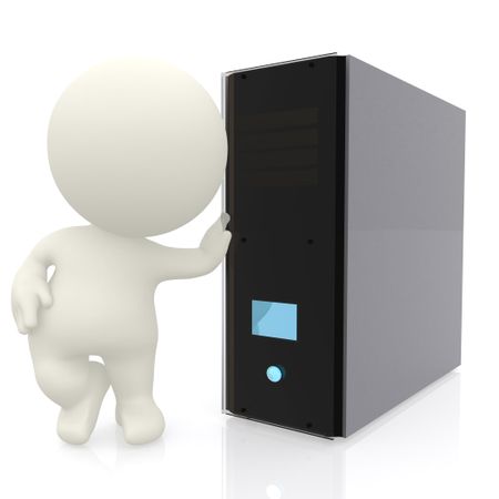 3D man leaning on a computer server isolated over a white background