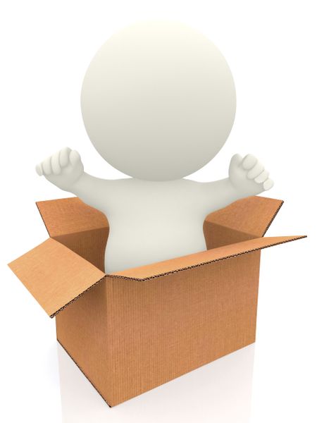 3D person coming out of a box isolated over a white background