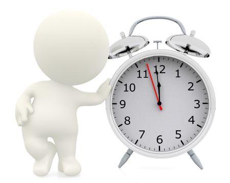 3D person leaning on a table clock isolated over a white background