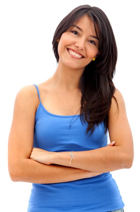 Beautiful girl in bright color smiling - isolated over a white background