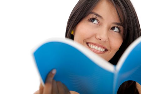 Pensive female student with a notebook - isolated over white