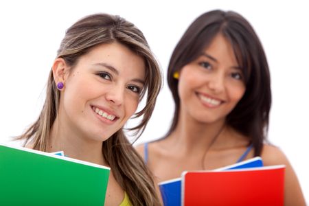 Female students with notebooks isolated over a white background