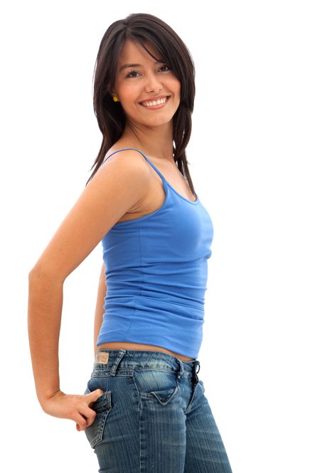 Beautiful casual woman smiling isolated over a white background