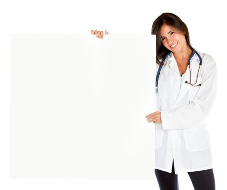 Female doctor with a banner isolated on white