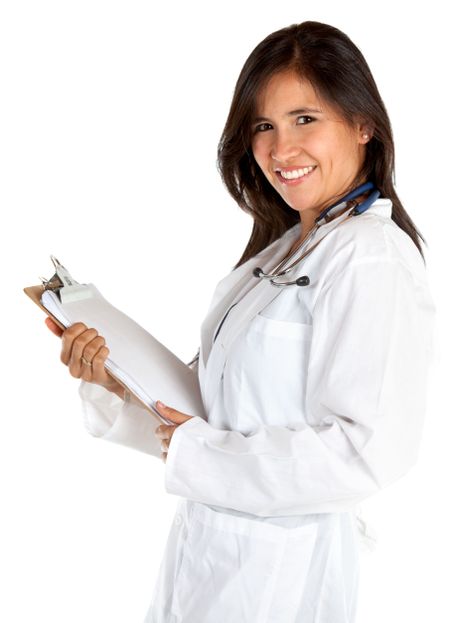 Female doctor smiling isolated over a white background