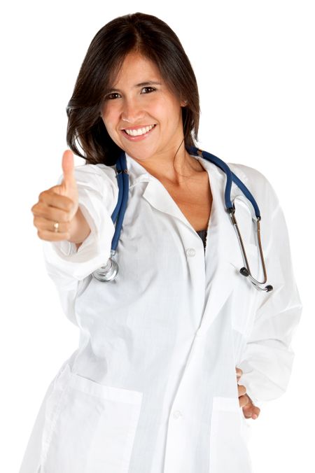 Female doctor with thumbs-up isolated over a white background
