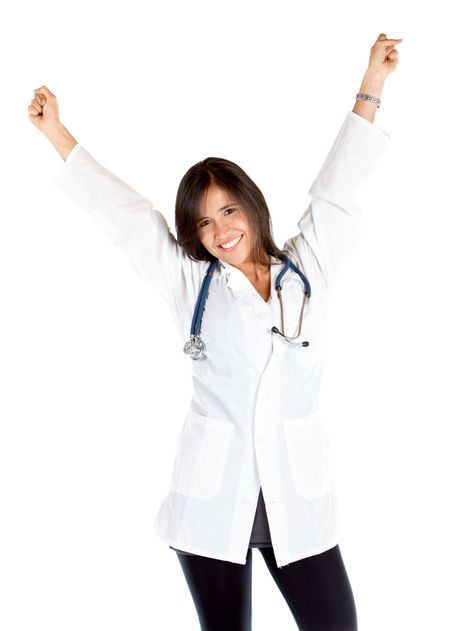 Excited female doctor isolated over a white background