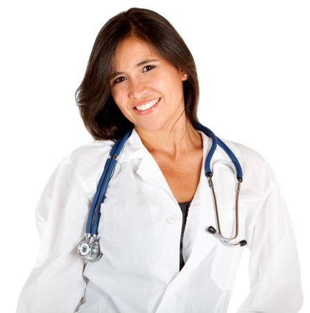Beautiful female doctor smiling - isolated over a white background