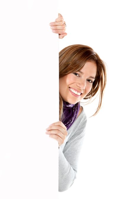 Beautiful woman with a banner isolated over a white background