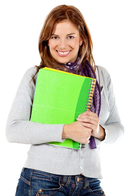 Beautiful female student with a notebook isolated over white
