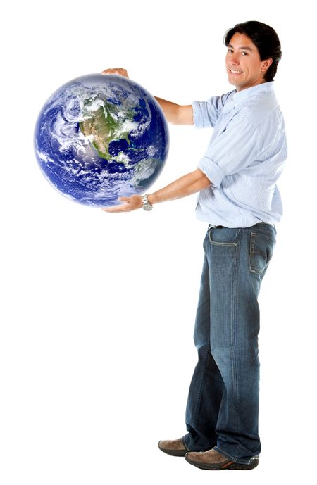 Man holding the world in his hands isolated over a white background