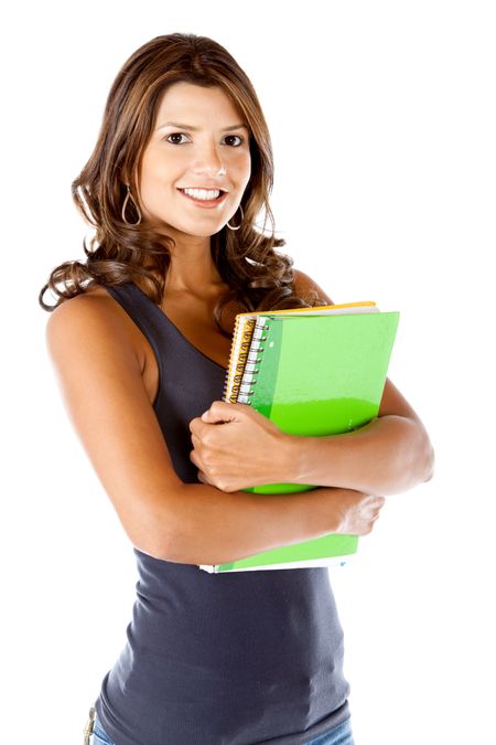 Female student holding notebooks - isolated over white