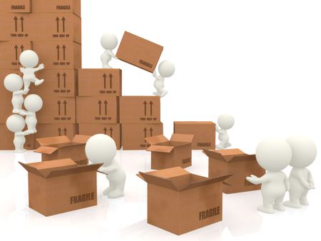 3d people piling up boxes isolated over a white background