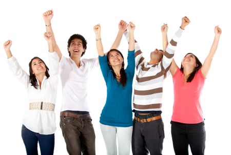 Excited group of people with arms up isolated over a white background
