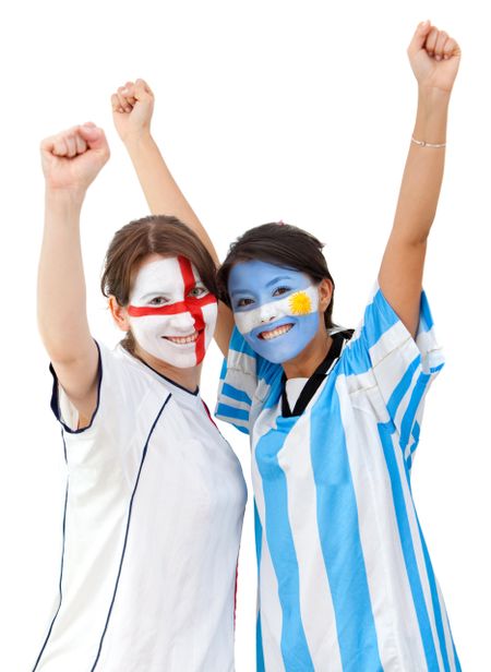 English and argentinean football fans celebrating isolated over a white background