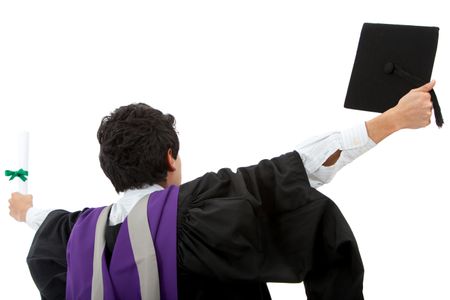 Excited male graduate student with arms opened-  isolated over white