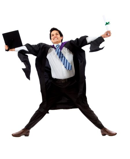 Male graduate jumping isolated over a white background