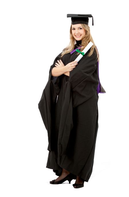 Female graduate holding her diploma and smiling isolated over a white background