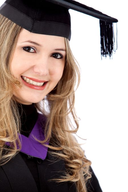 Female graduate  smiling isolated over a white background