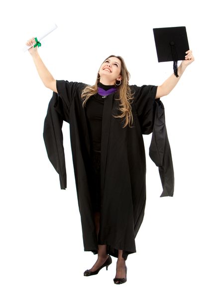 Female graduate holding her diploma and smiling isolated over a white background