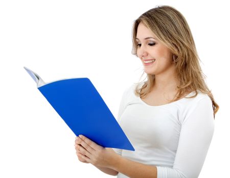 Beautiful woman reading a book isolated over a white background