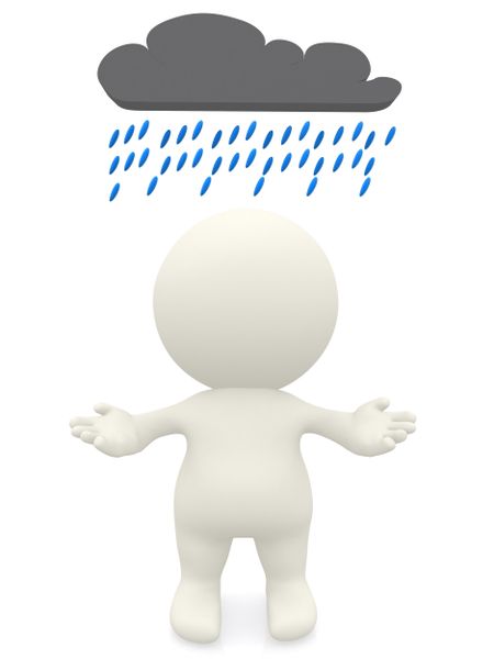 3D person under a rainy cloud isolated over a white background