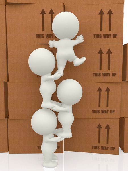 3D people climbing on to a pile of boxes isolated over a white backgroud