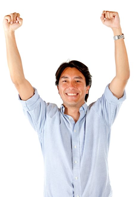 Happy man with arms up isolated over a white background