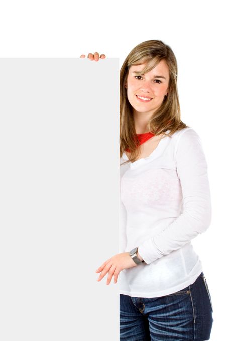 Beautiful woman holding a banner isolated over a white background