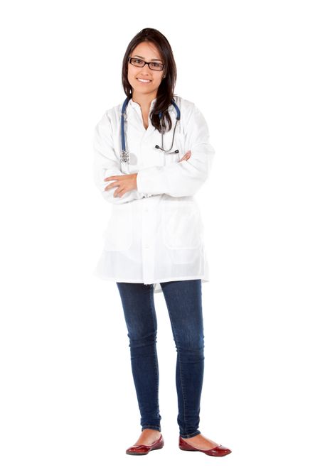 friendly female doctor smiling and standing isolated over white