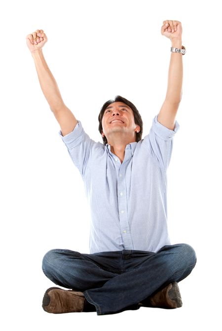 casual man full of success with his arms up isolated over a white background