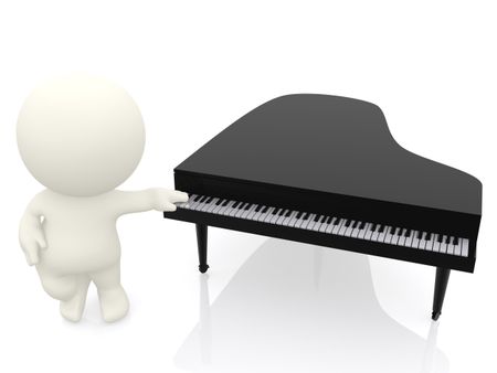 3D man with hand on piano isolated over white a white background