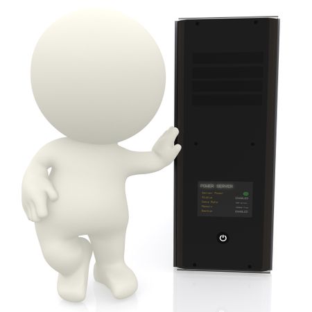 3D man with hand on a power server isolated over a white background