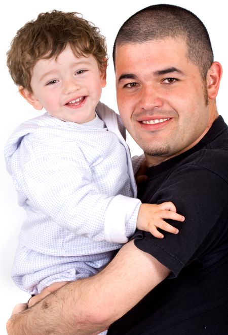 happy father and son smiling over a white background