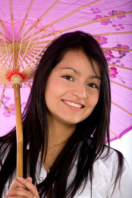 fashion woman portrait where she is smiling and holding a purple umbrella