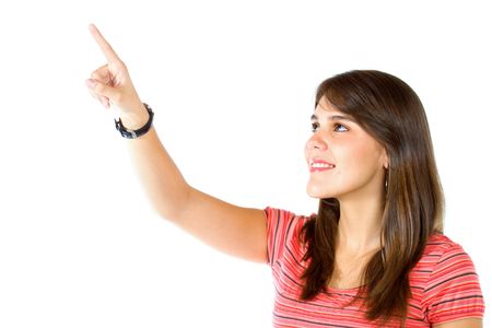 woman pointing at something isolated over a white background