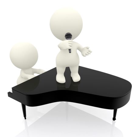3D people playing the piano and singing - isolated over a white background