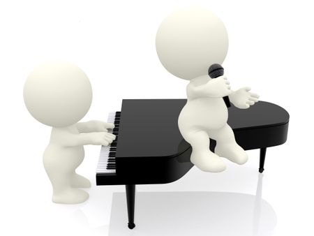 3D people playing the piano and singing - isolated over a white background