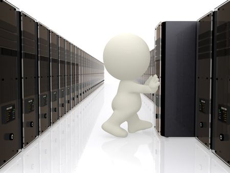 3D person pushing a computer server isolated over a white background