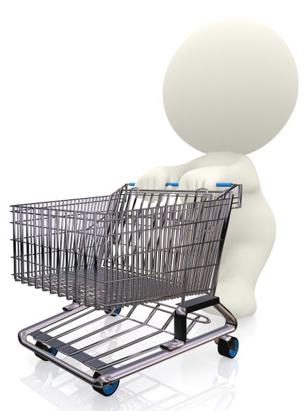 3D person pushing a shopping trolley - isolated over white