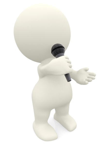 3D person singing with a microphone isolated over a white background