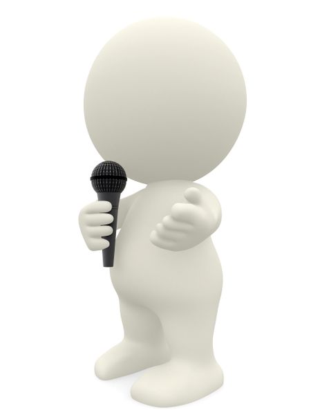 3D person talking with a microphone isolated over a white background